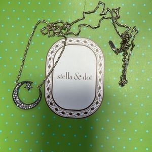 Stella and Dot long length necklace. Crescent moon and star. Hematite and gold.